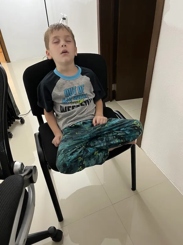 Caleb is tired after a long day.